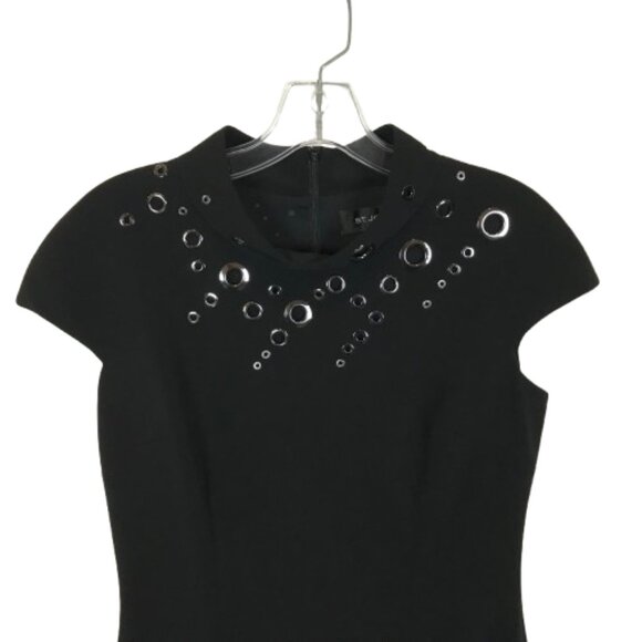 Womens Size 4 St. John Black Grommet Detail Funnel Neck Sheath Dress - Picture 6 of 9